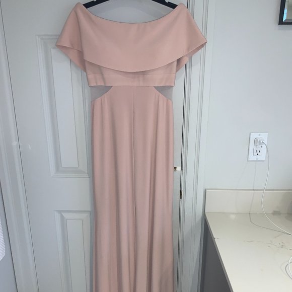 Xscape Off-The-Shoulder Floor Length Blush Gown - Picture 3 of 10